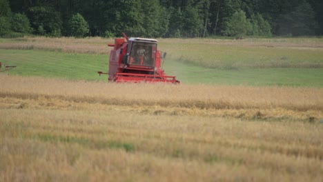 Roter-Traktor,-Der-Kornweizenfeld-Auf-Dem-Land-Erntet,-Moderne-Landwirtschaft