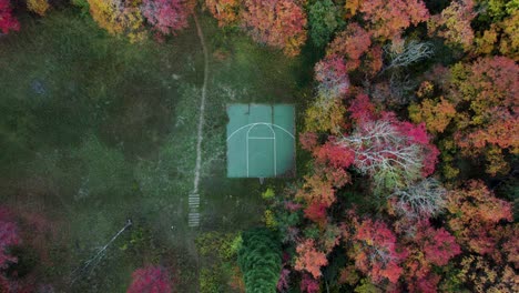 Empty-abandoned-basketball-court-in-colorful-forest-during-autumn-season,-Utah,-USA