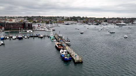 Newport-Rhode-Island-aerial-over-fishing-boats-and-yachts-in-harbor