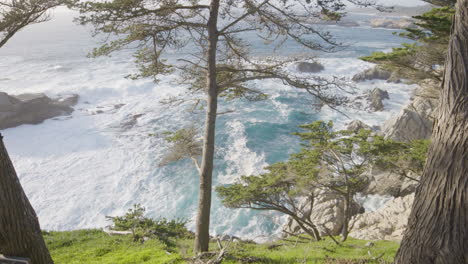 Stationary-shot-of-waves-from-a-grassy-hillside-in-Big-Sur-California-with-Pacific-ocean-waves-in-the-background