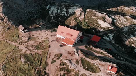 Drone-shot-of-Italian-Refugio-at-Dolomites-Tre-Cime