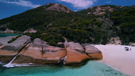 Wanderlust-location,-aerial-of-crystal-clear-turquoise-waters-of-little-beach-Western-Australia-located-on-two-peoples-bay