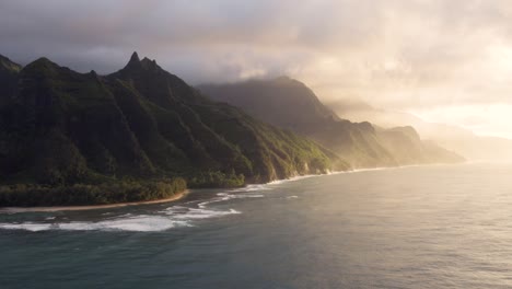 Dramatic-aerial-view-of-Napali-coast-from-bird-eye-view,-incredible-place-for-visit-on-Kauai-Hawaii-island