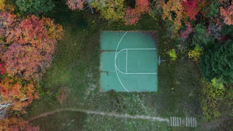 Green-backyard-basketball-court-in-colorful-autumn-forest,-overhead