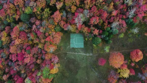 Basketball-half-court-surrounded-by-incredible-fall-foliage-of-trees,-aerial