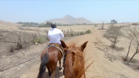 Rider-POV,-Two-equestrian-horse-riders-galloping-through-arid-farmland