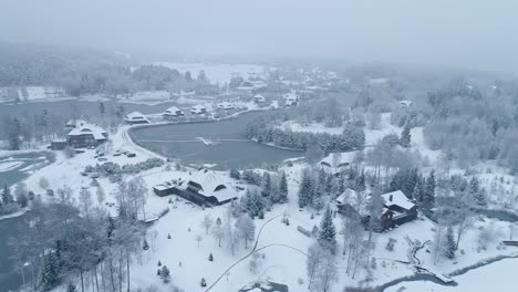 Luftaufnahme-Des-Amatciems-Parks-Während-Des-Verschneiten-Wintertages-Mit-Zugefrorenem-See