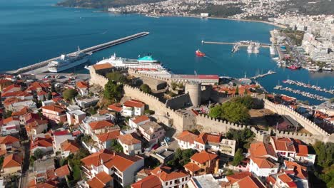 Aerial-Dolly-Shot-Kavala-Greece-Old-Town-Port-Reveal,-4K-Drone-Footage
