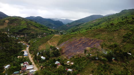 Phuoc-Binh-Vietnam-Luftaufnahme-Des-Tals-Mit-Land,-Das-Mit-Pflanzen-Für-Die-Lebensmittelproduktion-Bebaut-Ist