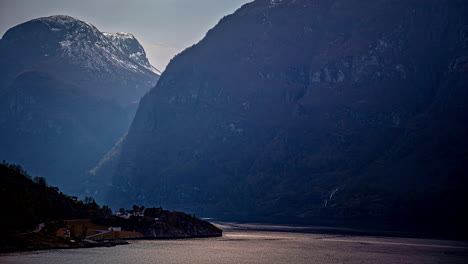Timelapse-shot-of-Norwegian-Fjord-throughout-a-cloudy-day