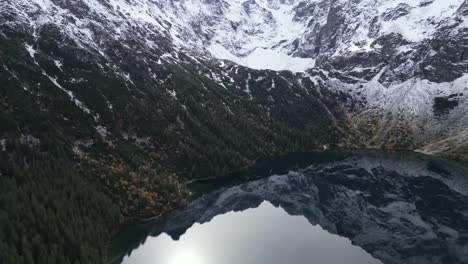 Luftaufnahmen-Von-Schneebedeckten-Gipfeln,-Die-Sich-Im-Morskie-oko-see-In-Zakopane,-Polen,-Widerspiegeln