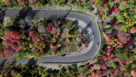 Colorful-autumn-trees-with-cars-on-Utah-state-road-92,-aerial-rise-up
