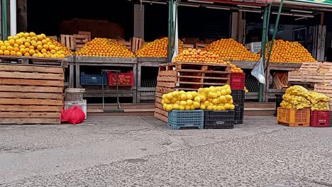 Schieberaufnahme-Des-Lokalen-Obstmarktes,-Zitrusfrüchte-In-Pyramiden,-Paraguay