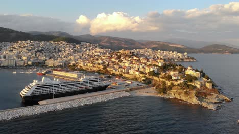 Aerial-Panoramic-Shot-of-Kavala-Gulf-Greece-and-Port-with-Large-Cruise-Ship,-4K-Footage