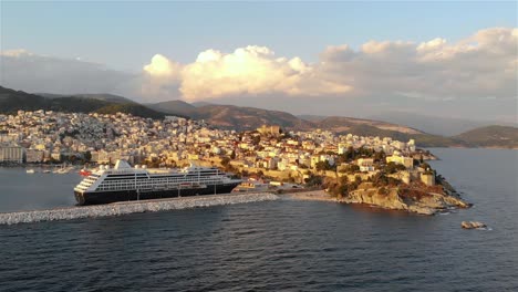 Aerial-Dolly-Shot-of-Kavala-Gulf-Greece-and-Port-with-Large-Cruise-Ship,-4K-Footage