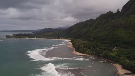 Dramatic-aerial-footage-of-famous-Haena-park,-and-Kalalau-trail-by-NaPali-coast-on-a-cloudy-day
