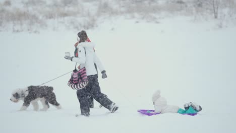 A-family-with-their-dog-walking-through-a-snowy-landscape