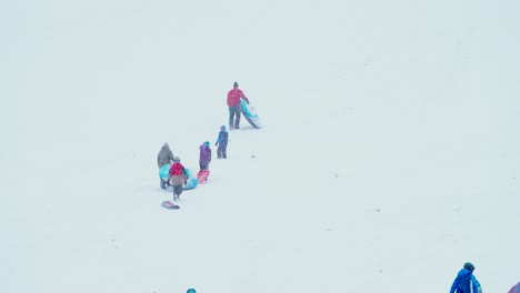 Niños-Caminando-Por-La-Ladera-De-Una-Colina-Cubierta-De-Nieve-Tirando-De-Sus-Trineos