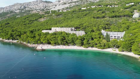 Low-drone-aerial-backward,-dolly-out,-Brela-beach-Croatia-blue-sea-pine-trees-lining-beach