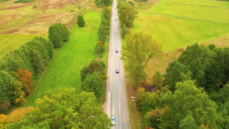 Aerial-View-Above-Road-in-Forest-in-Fall-With-Cars