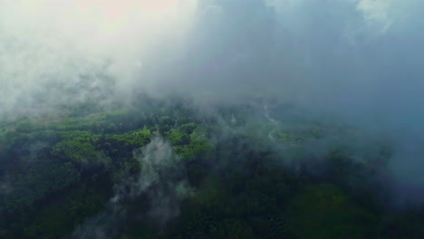 Flying-through-thick-fog-and-clouds-with-green-landscape-below