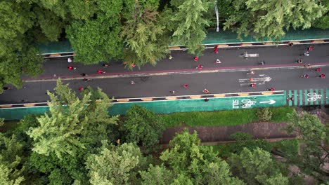 Luftdrohnenaufnahme-Der-Läufer-Des-Marathons-In-Mexiko-Stadt,-Als-Sie-Die-Gandhi-Avenue-Im-Chapultepec-Wald-Passieren