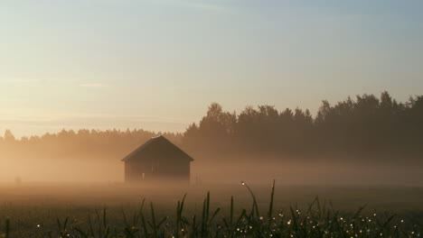 Beautiful-preserved-nature-landscape-of-Finland,-dolly-shot-of-countryside-barn-in-golden-morning-fog