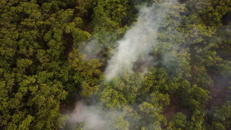 White-smoke-rising-from-dense-jungle-forest-in-Vietnam,-fly-over-view