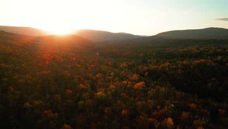 Sunset-highlights-tree-canopy-of-The-Catskills-in-fall-colors,-changing-seasons