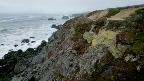 Aerial-view-over-sea-cliffs-as-waves-crash-on-the-shore-Goat-Rock-beach,-Bodega-Bay-California