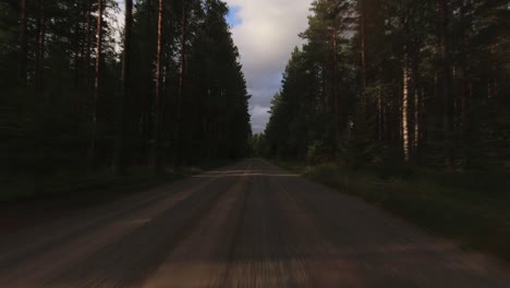 POV-drive-on-gravel-road-through-dense-northern-boreal-forest-trees