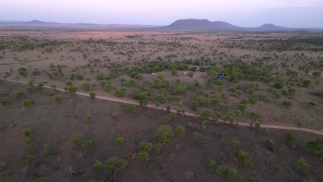 African-Serengeti-landscape-with-dirt-road-and-encampment,-Aerial-closing-in-shot