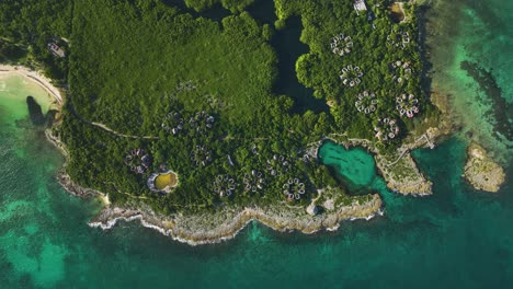 Aerial-view-above-the-coast-of-sunny-Xpu-Ha,-Mexico---top-down,-drone-shot