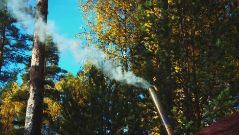 Small-angled-chimney-belches-smoke-during-autumn-forest-camping