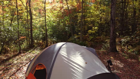 Pedestal-drone-shot-tilting-down-over-a-camp-tent-and-rising-up-through-the-trees-of-a-forest-revealing-the-panoramic-view-of-the-beautiful-treetops-of-the-surrounding-natural-landscape,-Canada