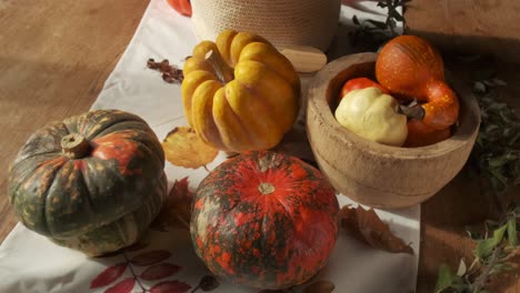 Autumn-fall-vibes-with-colorful-squashes-and-pumpkins,-slow-motion-moves,-4K
