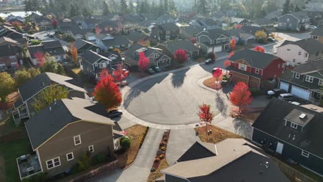 Wide-aerial-view-of-an-American-neighborhood-community-with-trees-full-of-red-Autumn-leaves