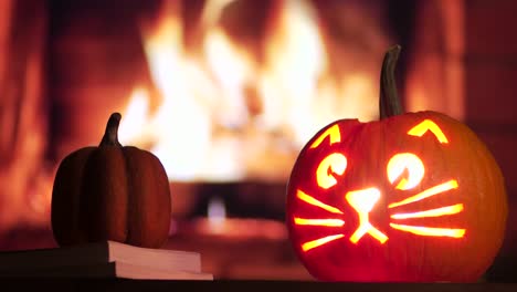 A-carved-pumpkin-for-Halloween-in-front-of-a-fire
