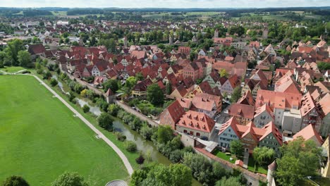 Dinkelsbuhl-town-walls-in-Bavaria,-southern-Germany-high-angle-drone-aerial-view