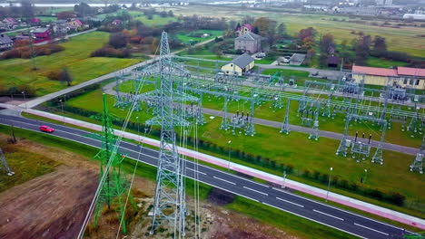Electrical-substation-in-rural-Europe,-aerial-view