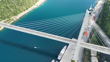 Franjo-Tudman-Bridge-Cable-stayed-bridge-Dubrovnik-Croatia-drone-high-angle-blue-sea-beneath