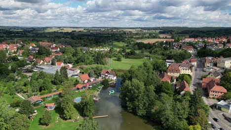 Town-park-swimming-lake-Dinkelsbuhl-Bavaria,-southern-Germany-drone-aerial-view