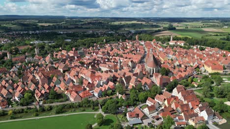 Reverse-reveal-establishing-shot-Dinkelsbuhl-town-in-Bavaria,-southern-Germany-drone-aerial