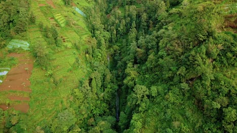 Luftaufnahmen-Des-Tals-Auf-Dem-Tropischen-Berg-Mit-Verstecktem-Wasserfall---Hang-Des-Sumbing-Berges,-Indonesien