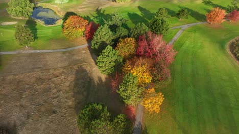 Umlaufender-Blick-Von-Oben-Auf-Einen-Golfplatz-Mit-Zahlreichen-Bäumen,-Die-Mit-Den-Jahreszeiten-Ihre-Farbe-ändern