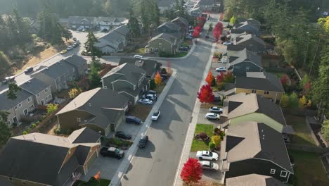 Wide-aerial-view-of-a-suburban-American-neighborhood-during-Autumn