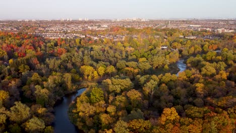 Aerial-fall-view-at-a-park-with-a-river-in-the-middle
