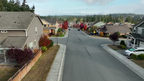 Aerial-view-of-an-American-neighborhood-decorated-for-Halloween-with-red-leaves-on-the-trees