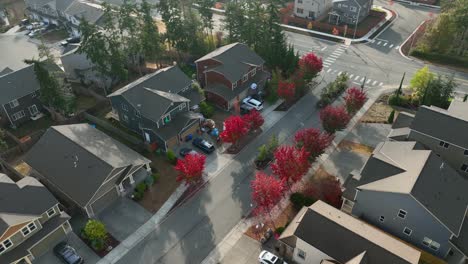Drone-view-of-a-neighborhood-entrance-during-Autumn-with-red-leaves-on-the-trees