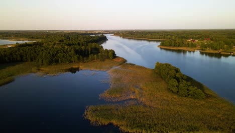 Eine-Luftaufnahme-Des-Grünen-Waldes-In-Der-Nähe-Eines-Großen-Blauen-Sees-In-Der-Litauischen-Landschaft